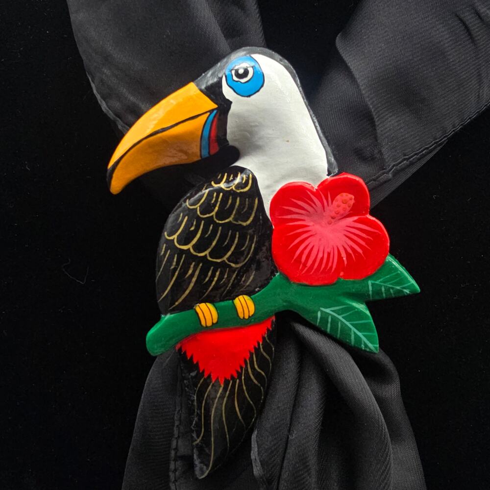Hand Painted Wood Toucan Bird Scarf Slide Charm Clip Ring